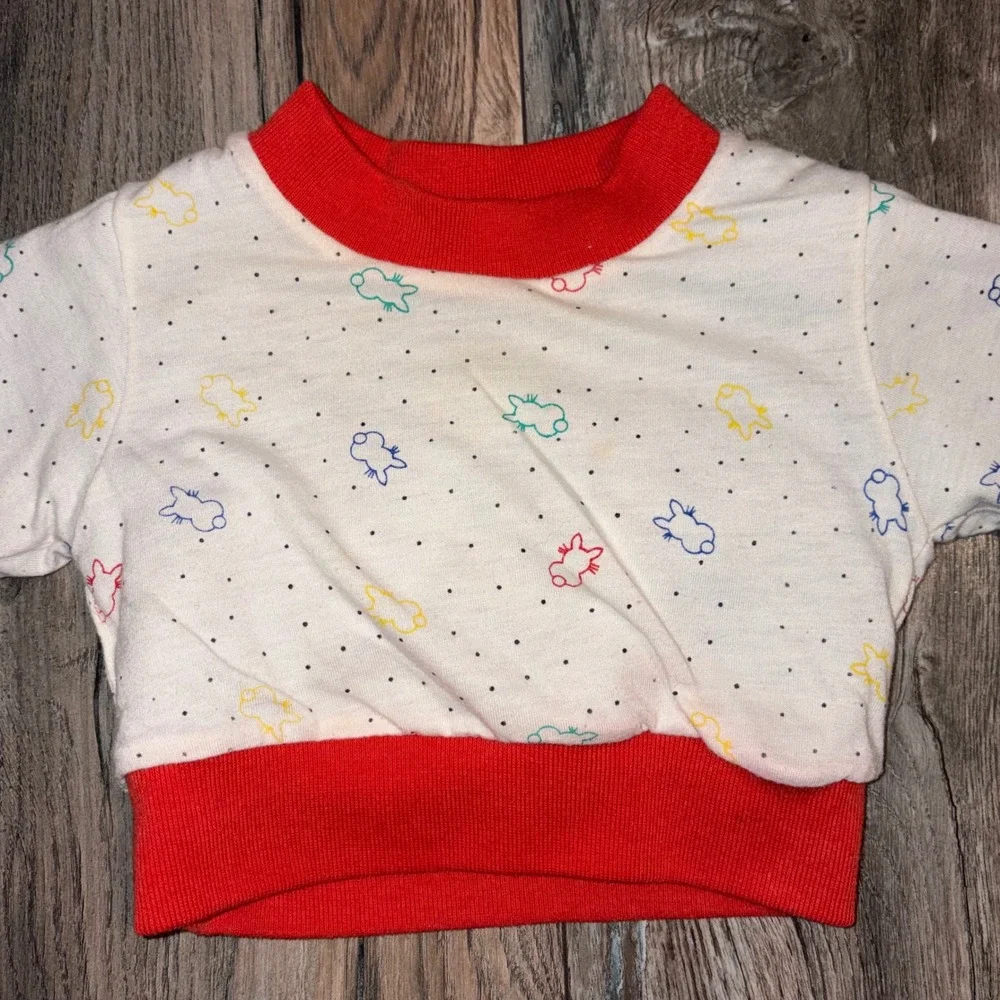 Vintage Reversible Baby Sweatshirt Blue White Bunny Applique Print Red Trim